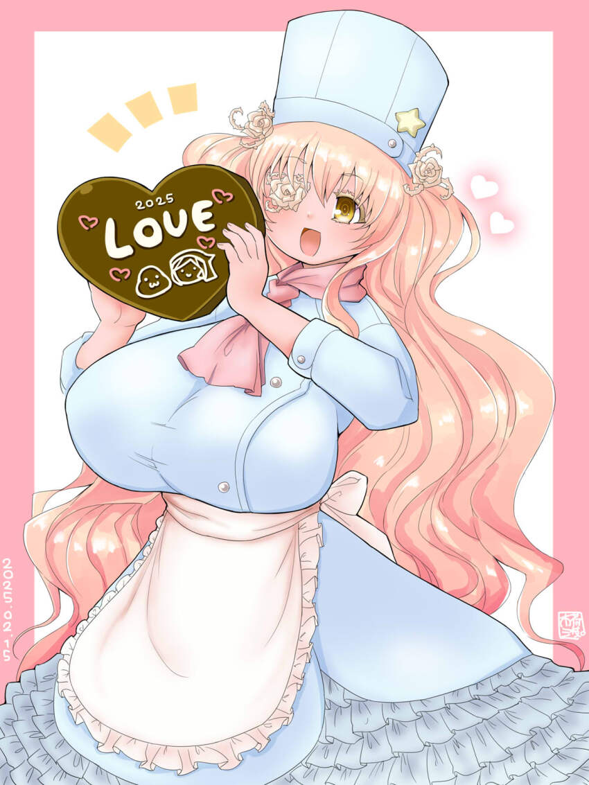 1girl alternate_breast_size alternate_costume apron ascot blonde_hair blue_dress blue_hat blush breasts candy chef_hat chocolate chocolate_heart commentary_request cowboy_shot dress flower flower_over_eye food frilled_apron frilled_dress frills hair_flower hair_ornament hat heart heart-shaped_food highres huge_breasts itini-sanshi kirakishou long_hair looking_at_viewer notice_lines open_mouth pink_ascot pink_background rose rozen_maiden sidelocks smile solo two-tone_background valentine very_long_hair waist_apron wavy_hair white_apron white_background white_flower white_rose yellow_eyes