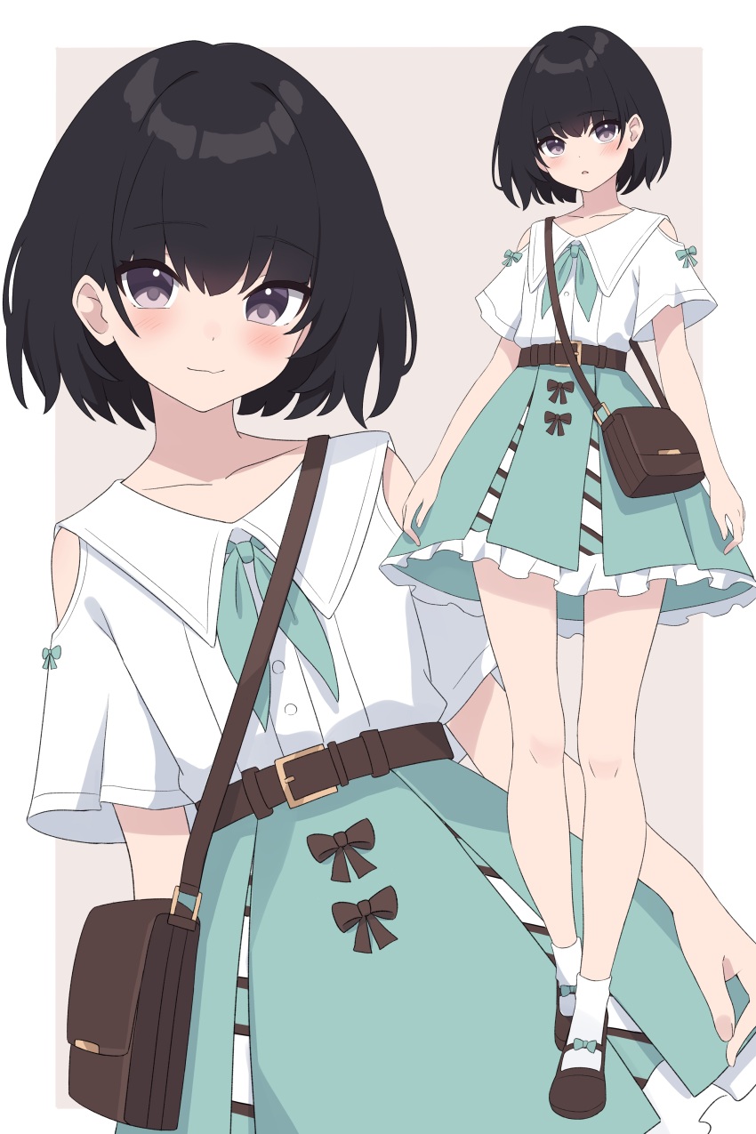 1boy absurdres bag belt black_hair brown_belt brown_footwear clothing_cutout collarbone crossdressing green_skirt handbag highres kisaragi_yura_(zeatto) makeup mary_janes original purple_eyes shoes short_hair short_sleeves shoulder_cutout skirt socks trap white_socks zeatto