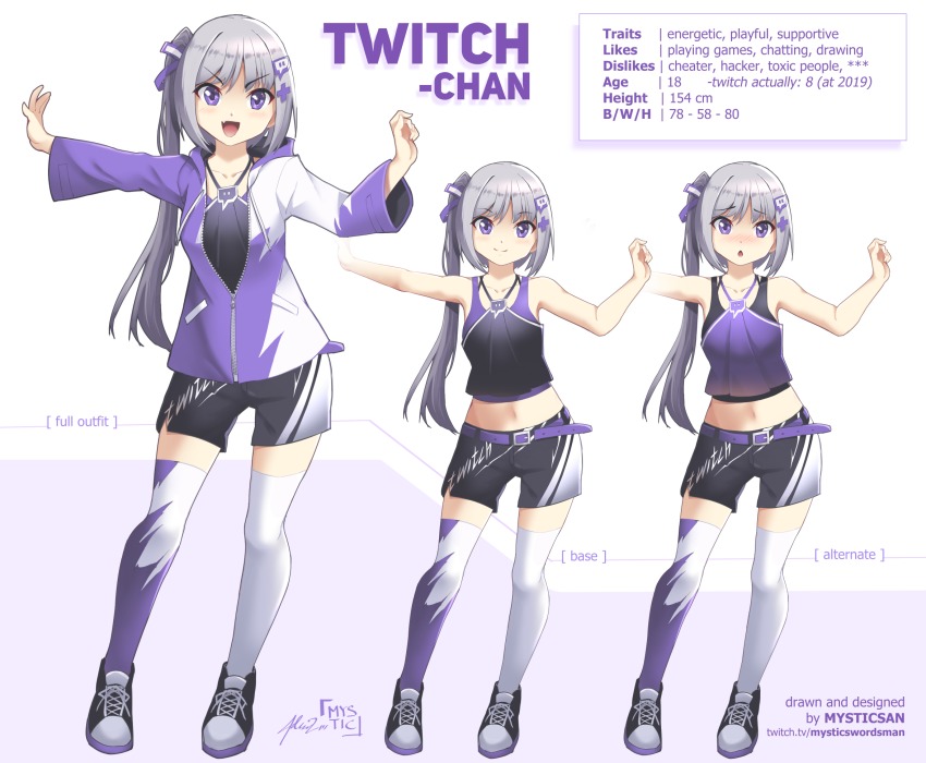 1girl artist_name belt blush breasts character_traits closed_mouth collarbone crop_top grey_hair hair_ornament highres jacket long_hair long_sleeves looking_at_viewer medium_breasts multicolored_clothes multicolored_legwear multiple_views mystic-san navel open_mouth original parted_lips purple_eyes purple_thighhighs shoes shorts side_ponytail sleeveless smile sneakers thighhighs twitch.tv twitch_username watermark web_address white_thighhighs