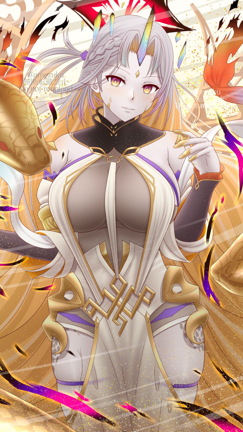 1girl amezuku bare_shoulders breasts colored_inner_hair expressionless fire_emblem fire_emblem_heroes gold_trim gradient_hair grey_hair gullveig_(fire_emblem) gullveig_(seer_beyond_time)_(fire_emblem) highres horns large_breasts leotard leotard_under_clothes long_hair multicolored_hair nintendo official_alternate_costume orange_hair single_horn snake snake_hair solo thighs two-tone_hair