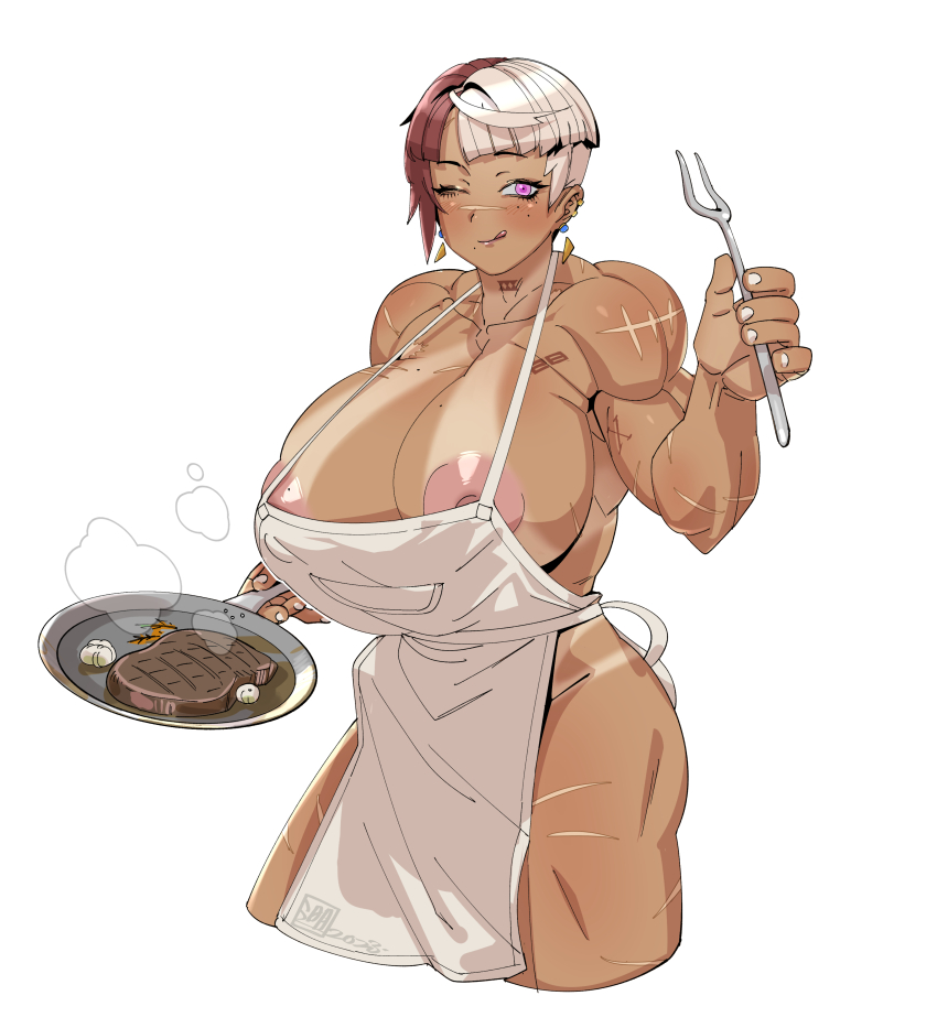 1girl absurdres apron breast_tattoo breasts cooking cropped_legs dark-skinned_female dark_skin dated food fork highres holding holding_fork holding_pan large_breasts licking_lips ming_liu mole mole_under_eye mole_under_mouth multicolored_hair muscular muscular_female naked_apron neck_tattoo nipple_slip nipples one_eye_closed original purple_eyes purple_hair rhea_(ming_liu) scar scar_on_arm scar_on_face scar_on_leg scar_on_nose scar_on_shoulder scars_all_over signature solo steak steam tan tanline tattoo tongue tongue_out too_many two-tone_hair white_apron white_background white_hair