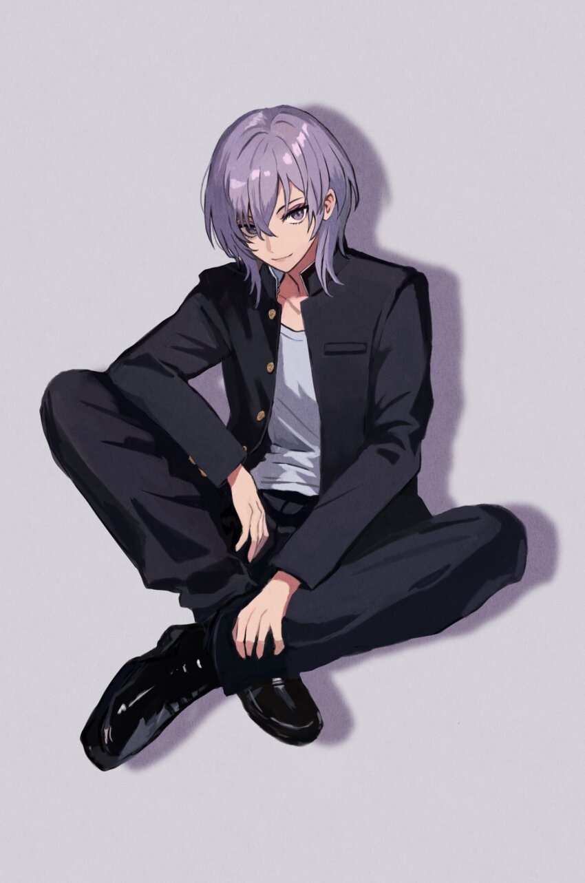 1boy black_jacket black_pants buttons closed_mouth commentary_request crew_neck dress_shoes elbow_on_knee eyelashes fire_emblem fire_emblem:_three_houses full_body grey_background hair_behind_ear hair_between_eyes highres jacket long_sleeves male_focus nintendo open_clothes open_jacket pants purple_eyes purple_hair shadow shirt shoes simple_background sitting smile solo white_shirt yuri_leclerc yuurururun