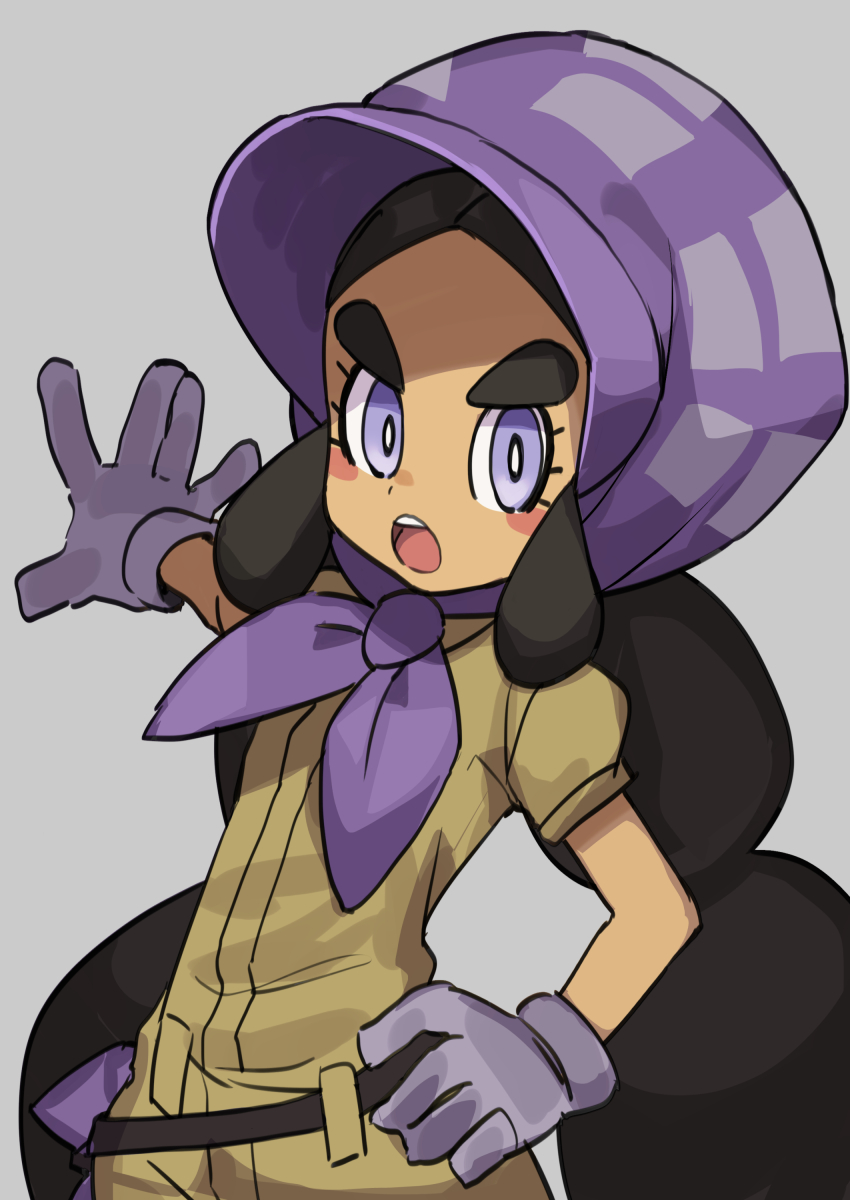 1girl :o absurdres belt black_belt black_hair blush blush_stickers bonnet brown_jumpsuit commentary_request creatures_(company) dark-skinned_female dark_skin eyelashes game_freak gazacy_(dai) gloves grey_background hand_on_own_hip hapu_(pokemon) highres jumpsuit long_hair looking_at_viewer low_twintails nintendo open_mouth outstretched_arms parted_bangs pokemon pokemon_sm puffy_short_sleeves puffy_sleeves purple_bonnet purple_eyes purple_gloves short_sleeves simple_background solo teeth thick_eyebrows twintails upper_teeth_only v-shaped_eyebrows very_long_hair