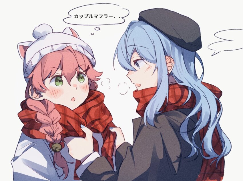 2girls :o adjusting_another&#039;s_clothes ahoge alternate_costume beanie bell black_coat blue_eyes blue_hair blue_nails blush bow coat cold green_eyes hair_bell hair_between_eyes hair_bow hair_ornament hat hololive hoshimachi_suisei long_hair long_sleeves looking_at_another multiple_girls open_mouth pink_hair plaid_clothes plaid_scarf red_scarf sakgi sakura_miko scarf simple_background speech_bubble thought_bubble virtual_youtuber white_background white_coat white_hat winter_clothes x_hair_ornament yuri