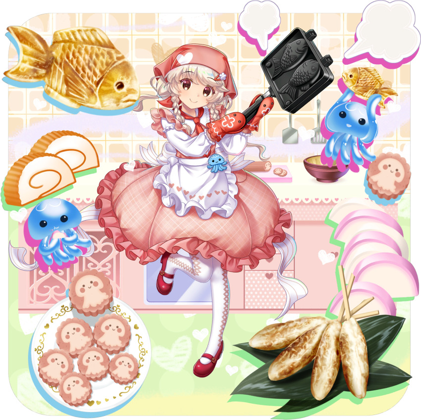 1girl alternate_costume apron back_bow bow bowl closed_mouth cutting_board ebisu_eika food food_request game_cg hair_ornament hairclip headscarf highres jellyfish leg_up long_hair long_sleeves looking_at_viewer mary_janes official_art oven_mitts pantyhose pink_skirt print_apron red_footwear rotte_(1109) shirt shoes skirt smile solo spatula taiyaki third-party_source touhou touhou_lostword transparent_background waffle_maker wagashi waist_apron white_apron white_bow white_pantyhose white_shirt