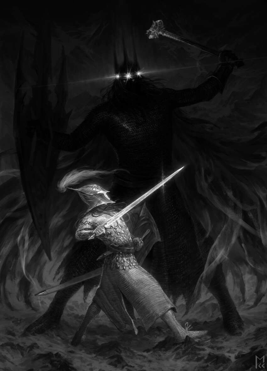 2boys absurdres armor belt cape fingolfin full_armor greyscale hammer height_difference helmet highres holding holding_hammer holding_shield holding_sword holding_weapon manuel_castanon monochrome morgoth multiple_boys plume shield sword the_silmarillion tolkien&#039;s_legendarium tolkien&#039;s_legendarium weapon