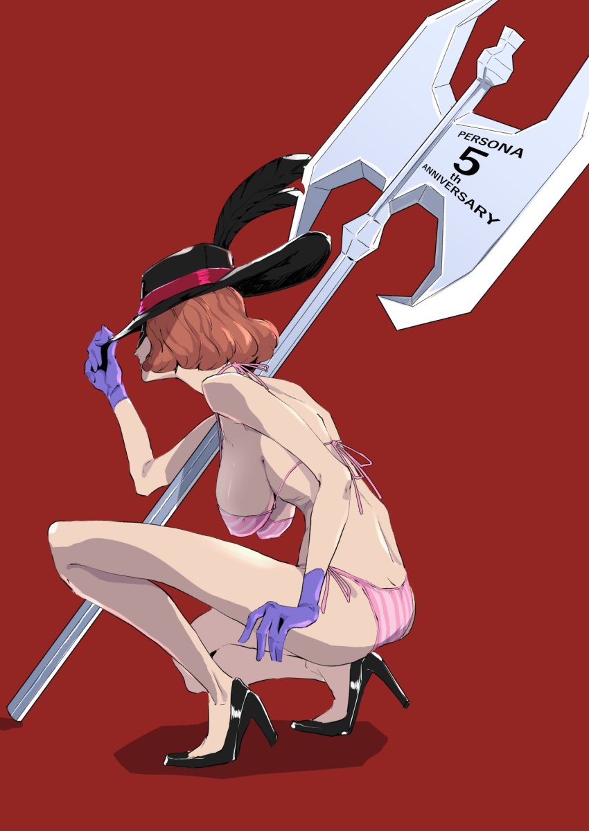 1girl ass axe back bare_shoulders bikini black_footwear breasts brown_hair covered_erect_nipples gloves hat high_heels highres kamishakujii_(poppenheim) mask okumura_haru persona persona_5 purple_gloves short_hair solo squatting striped_bikini striped_clothes swimsuit