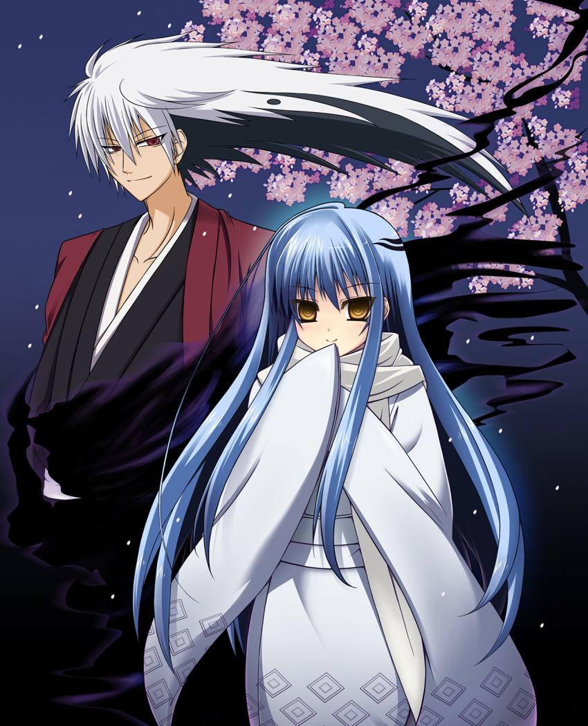 1boy 1girl black_hair blue_hair cherry_blossoms highres japanese_clothes kimono long_hair long_sleeves looking_at_viewer multicolored_hair nura_rikuo nurarihyon_no_mago oomugi_genmai red_eyes sleeves_past_wrists two-tone_hair very_long_hair white_hair wide_sleeves yellow_eyes yuki_onna_(nurarihyon_no_mago)