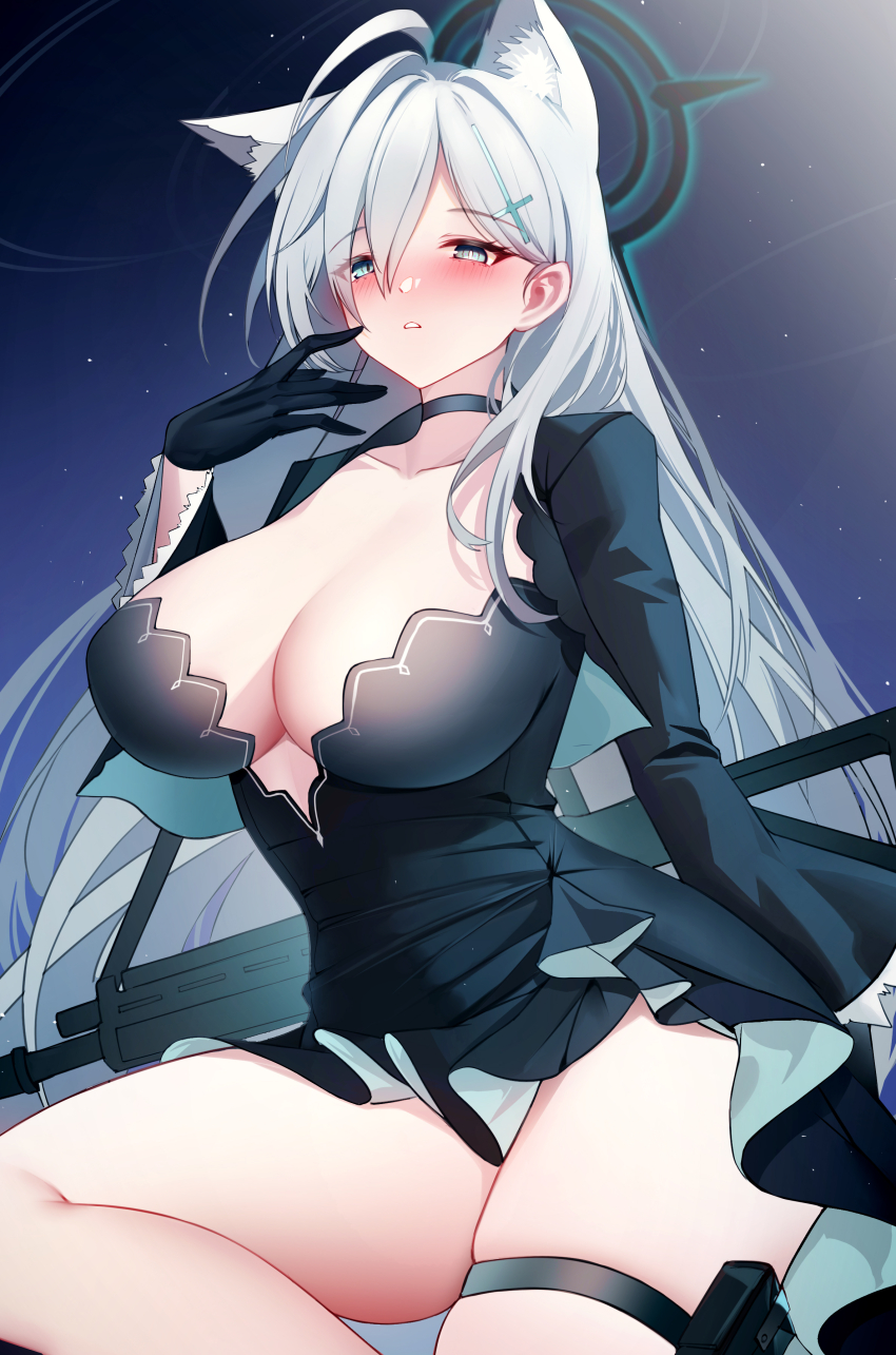 1girl absurdres animal_ears black_choker black_dress black_gloves blue_archive blush breasts broken_halo choker cleavage cross_hair_ornament dark_halo dress extra_ears gloves grey_hair gun hair_between_eyes hair_ornament halo highres holster large_breasts long_hair long_sleeves mcic0 mismatched_pupils shiroko_(blue_archive) shiroko_terror_(blue_archive) sidelocks solo thigh_holster thighs weapon wolf_ears