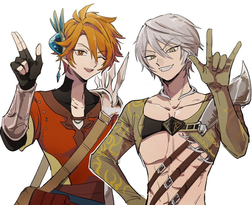 2boys :d ;d abs andras_(megido72) aoi_(yooo009) arm_at_side armor bag bare_pectorals belt bishounen black_gloves brown_bag downturned_eyes fangs fingerless_gloves flauros_(megido72) gloves green_gloves green_shrug grin hair_between_eyes hair_ornament hand_on_own_hip hand_up highres looking_at_viewer male_focus megido72 multiple_belts multiple_boys one_eye_closed open_mouth orange_eyes orange_hair orange_pupils pauldrons pectorals red_shirt salute shirt shoulder_armor shoulder_bag shrug_(clothing) side-by-side side_part simple_background single_pauldron smile sweater_guard two-finger_salute upper_body v-shaped_eyebrows w white_background white_hair wrist_guards