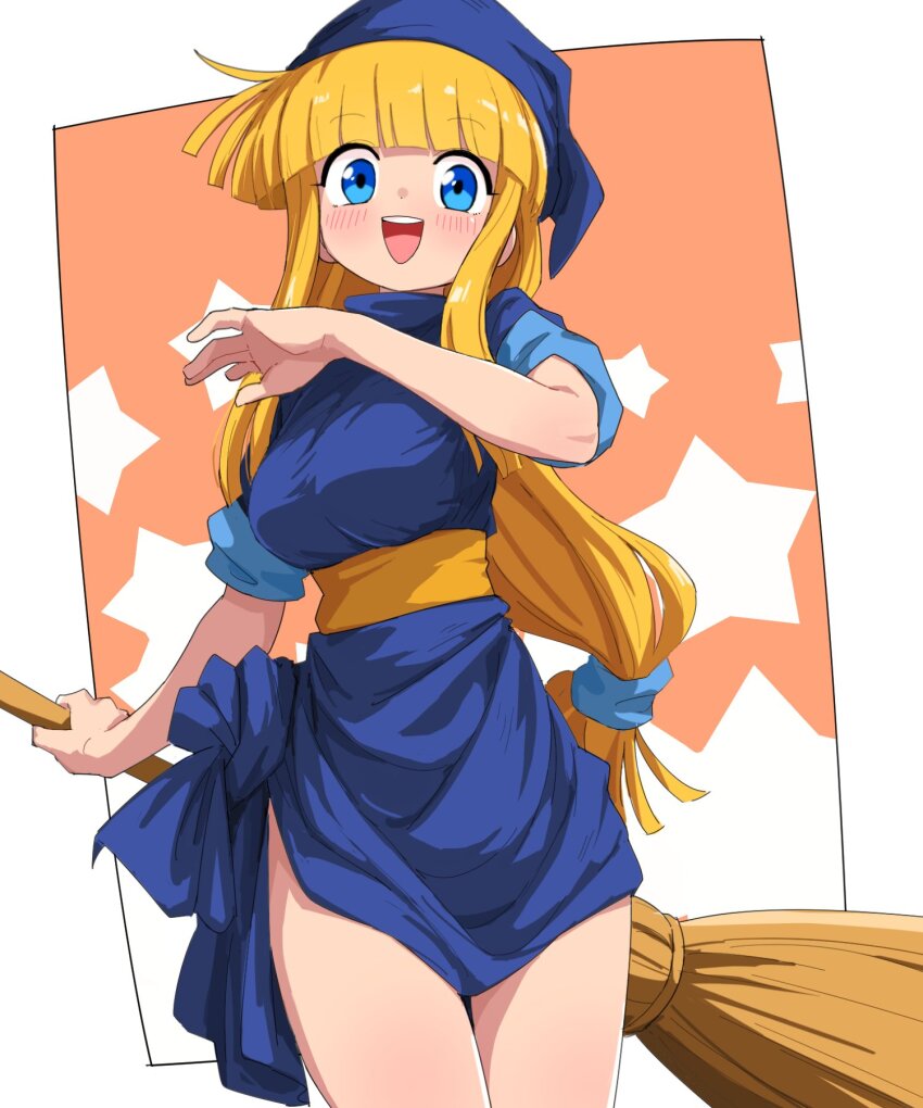 1girl blonde_hair blue_dress blue_eyes blue_hat blunt_bangs blush breasts broom dress hat highres holding holding_broom large_breasts long_hair looking_at_viewer madou_monogatari open_mouth puyopuyo solo star_(symbol) teeth upper_teeth_only witch_(puyopuyo) yachima_tana