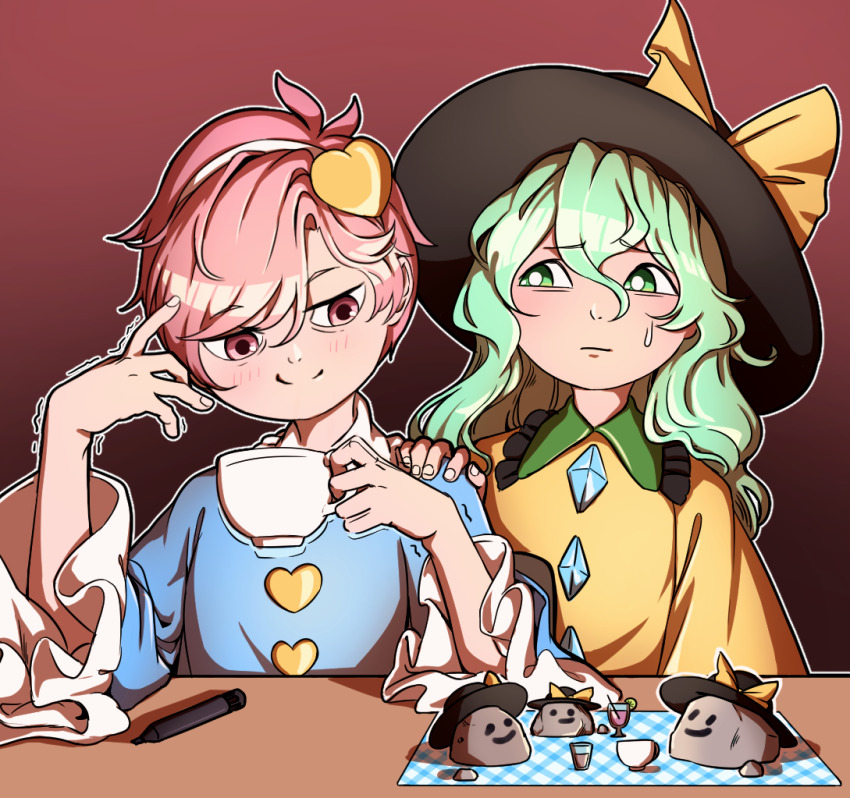 2girls blouse blue_shirt blush bow commentary_request counter cup diamond_(shape) disposable_coffee_cup disposable_cup drinking_glass drinking_straw food frills fruit gradient_background green_eyes green_hair hair_between_eyes hairband hand_on_another&#039;s_shoulder hands_up hat hat_bow heart holding holding_cup komeiji_koishi komeiji_koishi_(rock) komeiji_satori lime_(fruit) lime_slice long_hair looking_at_another marker mefomefo multiple_girls pink_eyes pink_hair rock shirt short_hair siblings sisters smile sweat tablecloth touhou trembling upper_body worried yellow_shirt