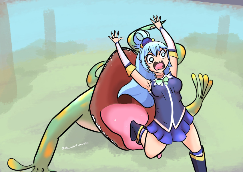 1girl animal aqua_(konosuba) armpits arms_up artist_name bare_shoulders blue_dress blue_eyes blue_hair boots bow bowtie breasts chasing collar cowboy_shot detached_sleeves dress female_focus frilled_collar frills gecko grass green_bow green_neckwear hair_between_eyes hair_bobbles hair_ornament hair_rings highres kono_subarashii_sekai_ni_shukufuku_wo! lizard long_hair medium_breasts no_pupils open_hand open_mouth outdoors oversized_animal running scared screaming sky theartistaurora thighhighs thighhighs_under_boots thighs tongue tree twitter_username very_long_hair wavy_mouth white_sleeves