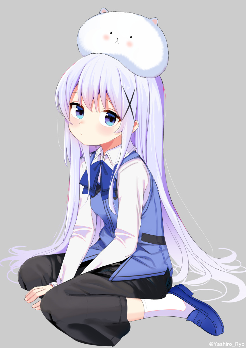 1girl animal animal_on_head between_legs black_skirt blue_bow blue_bowtie blue_eyes blue_footwear blue_vest blush bow bowtie collared_shirt eyebrows_hidden_by_hair frown full_body gochuumon_wa_usagi_desu_ka? grey_background hair_ornament hand_between_legs highres kafuu_chino long_skirt looking_at_viewer on_head rabbit rabbit_house_uniform rabbit_on_head shirt simple_background sitting skirt socks solo tippy_(gochiusa) twitter_username vest wariza white_shirt white_socks wing_collar x_hair_ornament yashiro_ryo