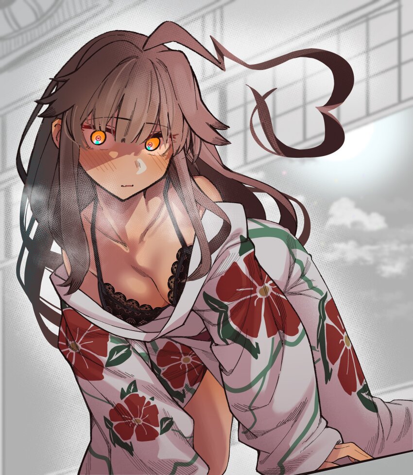 1girl absurdres ahoge all_fours blush bra breasts cleavage commentary_request fang floral_print hair_between_eyes heart heart-shaped_pupils heart_ahoge highres huge_ahoge japanese_clothes kantai_collection kimono kuma_(kancolle) kuma_(yukata_mode)_(kancolle) long_hair long_sleeves looking_at_viewer medium_breasts off_shoulder official_alternate_costume orange_eyes parted_lips shiawase_hougan sidelocks skin_fang solo steam symbol-shaped_pupils underwear yukata