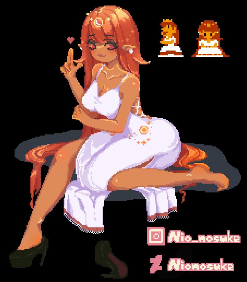 1girl 8-bit alternate_costume barefoot colored_skin crown dress earrings highres jewelry jubenheim long_hair looking_at_viewer mario_(series) meme mushroom_earrings nintendo official_alternate_color orange_skin pixel_art princess_peach princess_toadstool_redraw_(meme) smile solo sprite