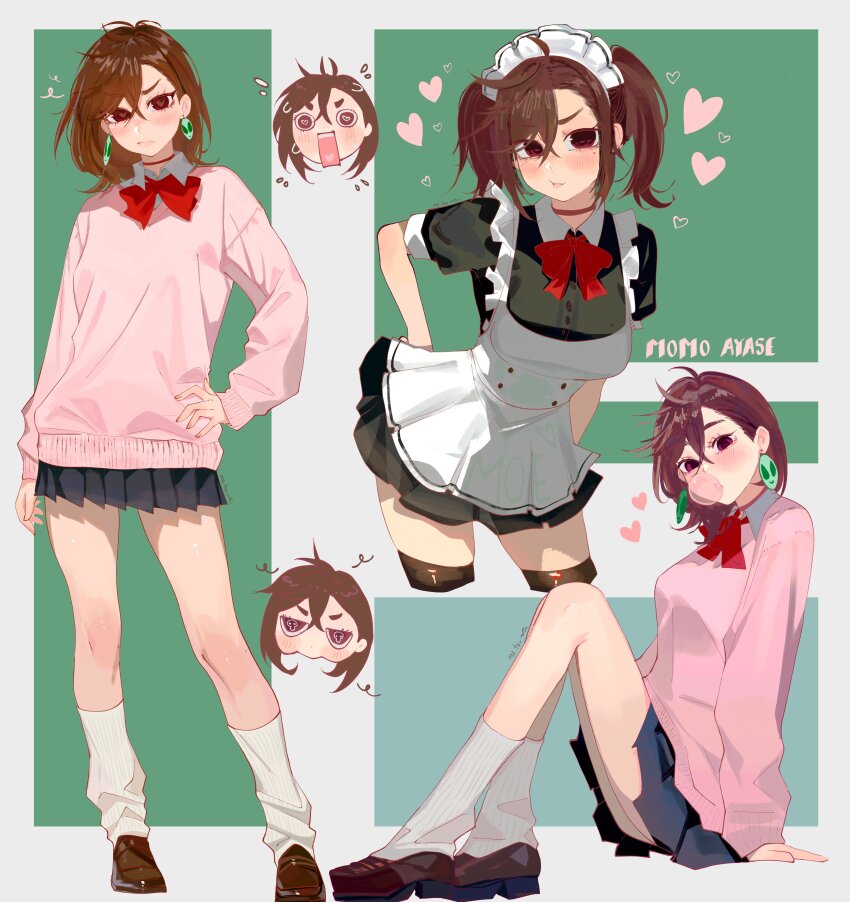 1girl absurdres apron arm_at_side arm_support artist_name ayase_momo black_dress black_footwear black_skirt blowing_bubbles blush bow bowtie breasts brown_eyes brown_footwear brown_hair character_name chewing_gum chibi chibi_inset choker closed_mouth collared_dress collared_shirt contrapposto cropped_legs crossed_bangs dandadan dress earrings flying_sweatdrops full_body hair_between_eyes hand_on_own_hip head_only heart heart-shaped_pupils heart_in_mouth highres jewelry knees_up leaning_forward loafers long_hair long_sleeves looking_at_viewer loose_socks maid maid_apron maid_headdress medium_breasts miniskirt ms._tsu multiple_views pink_sweater pleated_skirt pout red_bow red_bowtie red_choker school_uniform shirt shoes short_sleeves sitting skirt socks standing sweater symbol-shaped_pupils twintails twitter_username v-shaped_eyebrows white_apron white_socks