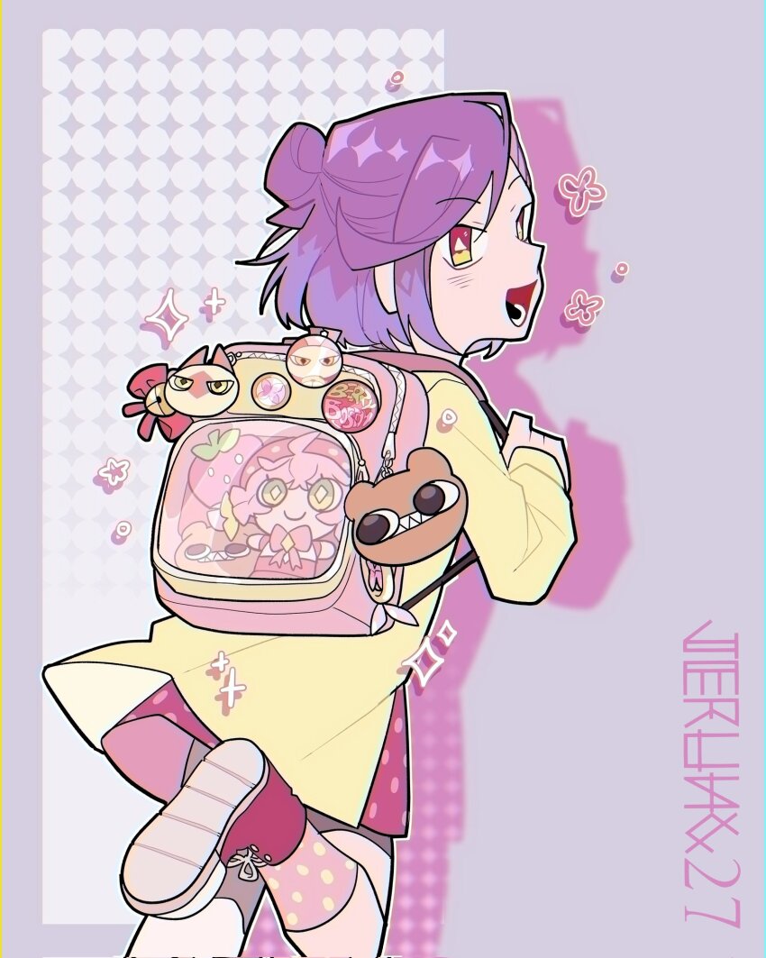 1girl :d acro_trip artist_name backpack bag berry_blossom character_doll character_name character_request doll food fruit half_up_bun highres itabag jerung27 leg_up looking_back lower_teeth_only open_mouth pale_skin pin pink_footwear polka_dot_socks purple_hair shadow shoes short_hair smile sneakers standing standing_on_one_leg strawberry stuffed_toy teeth yellow_eyes zipper zipper_pull_tab