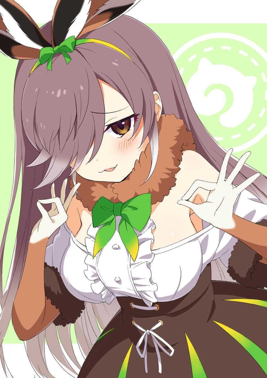 1girl animal_ears black_skirt bow bowtie breasts brown_gloves brown_hair center_frills clothing_cutout commentary double_ok_sign european_hare_(kemono_friends) extra_ears frills fur_collar gloves green_bow green_bowtie hair_over_one_eye hair_ribbon half-closed_eyes high-waist_skirt highres japari_symbol kamuraaa_615 kemono_friends lace-up large_breasts leaning_forward long_hair looking_at_viewer ok_sign open_mouth rabbit_ears rabbit_girl ribbon shirt shoulder_cutout skirt smile solo standing white_shirt