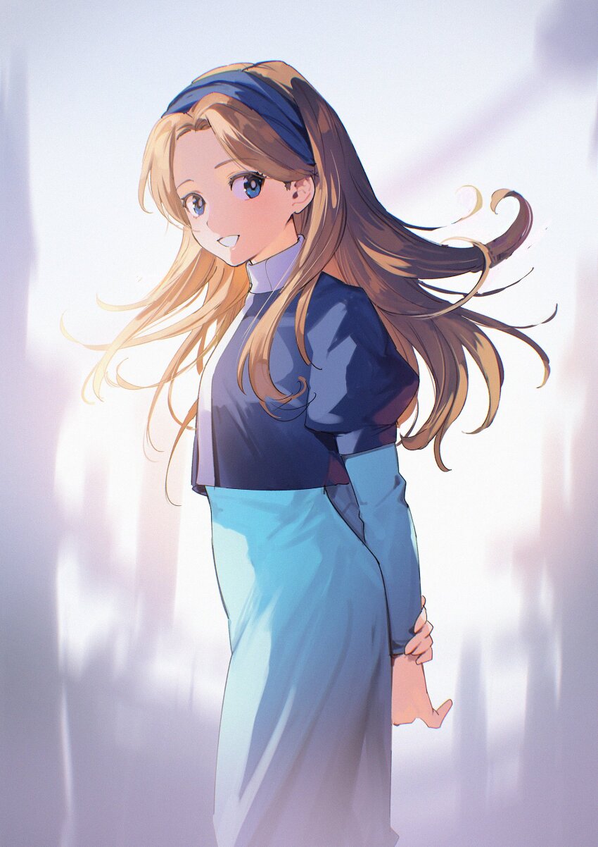 1girl aoki_(fumomo) arms_behind_back blonde_hair blue_dress blue_eyes blue_hairband blue_jacket blurry blurry_background breasts cropped_jacket dress hairband highres jacket long_dress long_hair looking_at_viewer maria_robotnik parted_bangs puffy_short_sleeves puffy_sleeves short_sleeves small_breasts smile solo sonic_(series) sonic_generations sonic_x_shadow_generations teeth