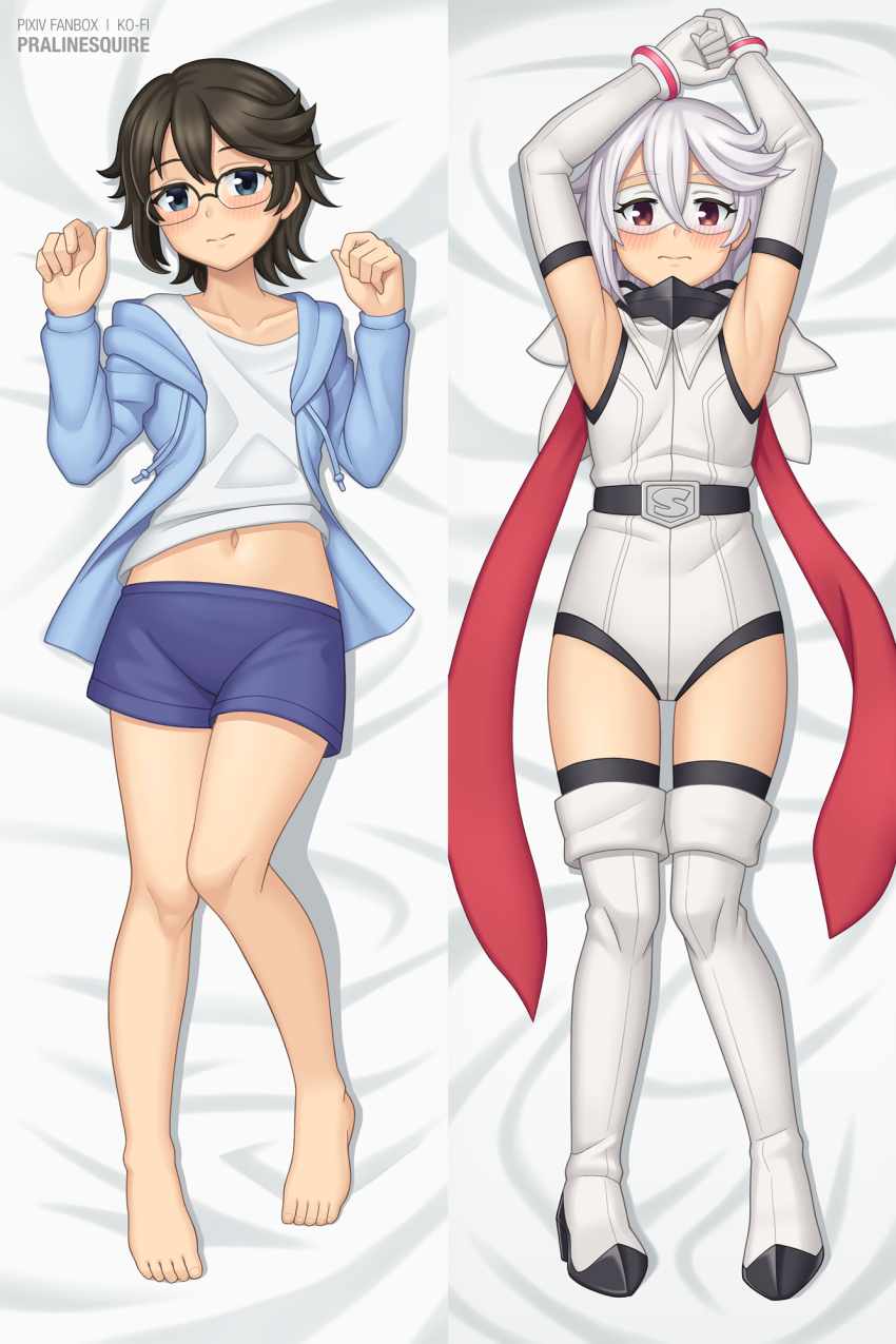 armpits blue_hoodie dakimakura_(medium) dakimakura_(object) elbow_gloves eye_mask glasses gloves heart-shift_bracelets highres hood hooded_leotard hoodie leotard looking_at_viewer momijiyama_teru navel no_shoes pillow pralinesquire red_eyes shirt short_hair short_shorts shorts shy_(character) shy_(series) white_footwear white_hair white_leotard white_shirt