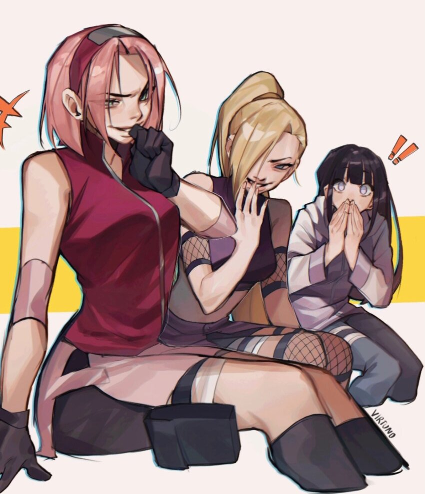 ! !! 3girls bare_shoulders black_gloves black_hair black_socks blonde_hair blush breasts covering_own_mouth cropped_legs fishnet_thighhighs fishnets gloves grin hair_over_one_eye hands_up haruno_sakura highres hyuuga_hinata kneehighs large_breasts long_hair long_sleeves multiple_girls naruto_(series) naruto_shippuuden own_hands_together pants pink_hair ponytail pouch short_hair shorts sitting smile socks teeth thighhighs virt_virtuno white_background yamanaka_ino