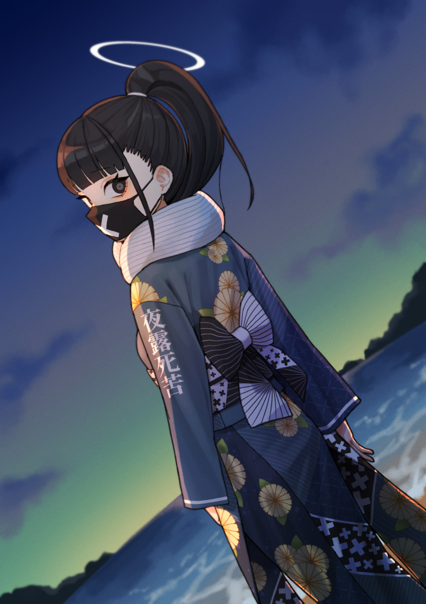 1girl 28_(282teeth) absurdres alternate_costume black_eyes black_hair black_mask blue_archive blue_kimono blunt_bangs dutch_angle floral_print grey_eyes halo high_ponytail highres japanese_clothes kimono looking_back mask mouth_mask outdoors solo sukeban_(smg)_(blue_archive) surgical_mask