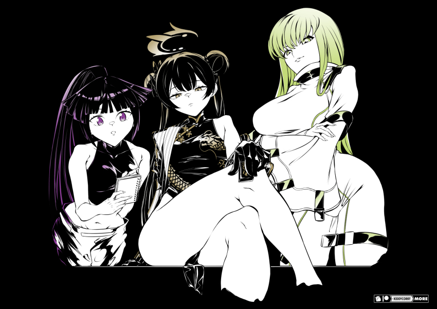 3girls akatsuki_(log_horizon) bare_shoulders black_dress black_gloves black_hair blue_archive blunt_bangs bodysuit breasts c.c. china_dress chinese_clothes closed_mouth coat code_geass crop_top crossed_arms crossed_legs double_bun dress flat_chest gloves green_eyes green_hair hair_bun halo highres holding kiddycorky kisaki_(blue_archive) large_breasts leaning_forward log_horizon long_hair long_sleeves looking_at_viewer midriff monochrome multiple_girls navel nexon open_mouth pants parted_lips ponytail purple_eyes sitting sleeveless smile standing straitjacket thighhighs thighs very_long_hair white_bodysuit wide_sleeves yellow_eyes