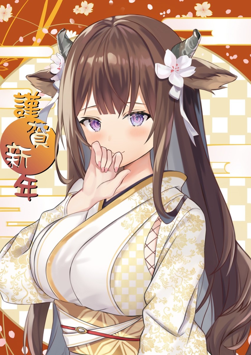 1girl animal_ears azur_lane blush breasts brown_hair checkered_clothes checkered_kimono closed_mouth collarbone commentary_request covered_mouth cow_ears cow_horns cross-laced_clothes eyebrows_hidden_by_hair floral_print flower hair_flower hair_ornament hand_to_own_mouth highres horns japanese_clothes jasmine_(flower) kashino_(azur_lane) kimono large_breasts long_hair looking_at_viewer nail_polish nannann new_year obi pink_nails purple_eyes sash sidelocks smile solo upper_body very_long_hair white_flower