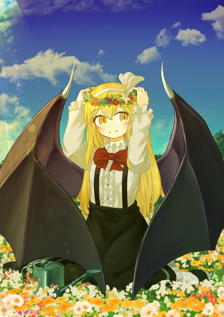 1girl absurdres bat_girl bat_wings black_footwear black_skirt black_wings blonde_hair blue_sky blush bow bowtie buttons center_frills closed_mouth day ekaapetto field flower flower_field frilled_skirt frilled_sleeves frills full_body hairband happy head_wreath highres kurumi_(touhou) long_hair long_sleeves outdoors red_bow red_bowtie ribbon shirt sitting skirt sky smile socks solo suspender_skirt suspenders touhou touhou_(pc-98) very_long_hair wariza white_hairband white_ribbon white_shirt white_socks wings yellow_eyes