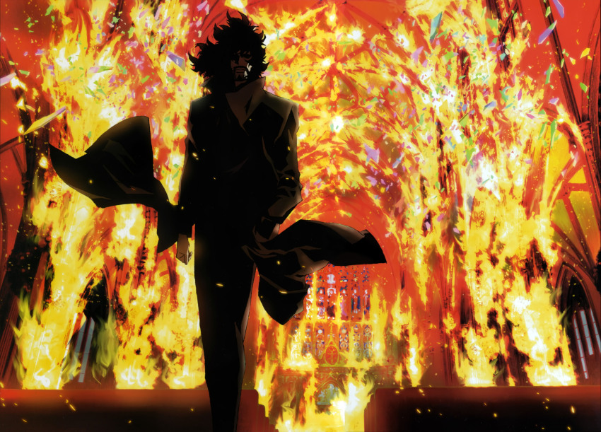 1boy absurdres arson beard black_hair burning burning_building cowboy_bebop cowboy_bebop:_knockin&#039;_on_heaven&#039;s_door embers facial_hair fire highres kawamoto_toshihiro mustache non-web_source official_art scan scenery solo standing vincent_volaju