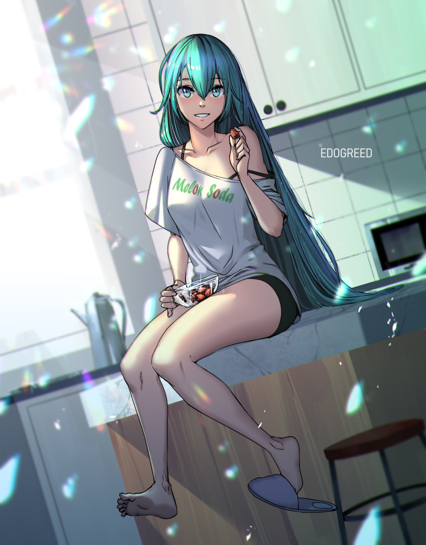 1girl absurdres aqua_hair artist_name bare_legs barefoot black_shorts bra_strap eadgear edogreed feet food fruit grin hatsune_miku highres kitchen knees_together_feet_apart legs long_hair looking_at_viewer off-shoulder_shirt off_shoulder print_shirt shirt short_shorts shorts sitting slippers smile soles solo straight_hair strap_slip strawberry toes very_long_hair vocaloid white_shirt