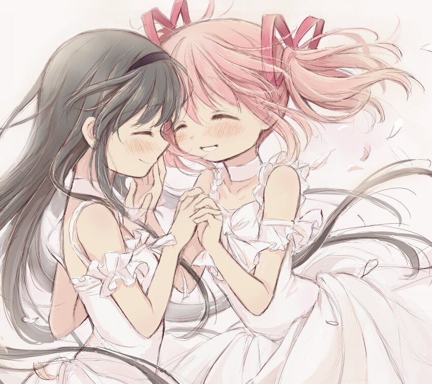 2girls absurdres akemi_homura bare_shoulders black_hair black_hairband bow choker closed_eyes commentary_request dress dress_bow frilled_dress frills hairband highres hitode holding_hands kaname_madoka long_hair mahou_shoujo_madoka_magica mahou_shoujo_madoka_magica_(anime) multiple_girls pink_hair short_twintails simple_background sleeveless sleeveless_dress smile twintails very_long_hair white_background white_bow white_choker white_dress yuri