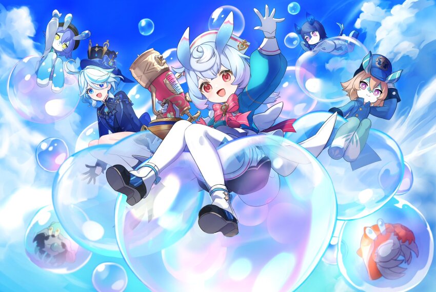 5girls animal_ears blue_eyes blue_hair blue_jacket blue_sky bow bowtie bubble furina_(genshin_impact) furry furry_female genshin_impact gloves green_fur hair_between_eyes hair_ornament hat heterochromia highres jacket jewelry light_blue_hair long_sleeves looking_at_viewer melusine_(genshin_impact) multicolored_hair multiple_girls nurse_cap okkobc open_mouth pantyhose red_eyes sigewinne_(genshin_impact) sky smile streaked_hair top_hat twintails white_gloves white_hair white_pantyhose