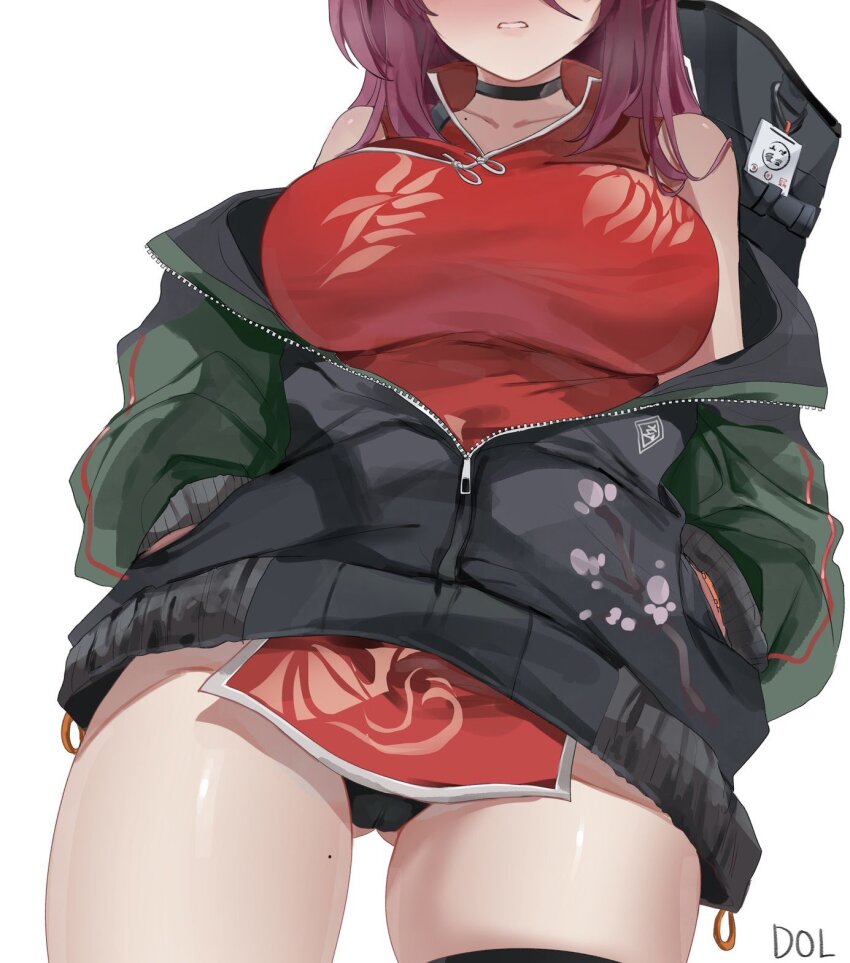 1girl belt blue_archive china_dress chinese_clothes collarbone dolechan dress gluteal_fold hands_in_pockets head_out_of_frame highres jacket letterman_jacket mole mole_on_collarbone mole_on_thigh partially_unzipped pelvic_curtain red_dress red_hair reijo_(blue_archive) solo thigh_belt thigh_strap white_background