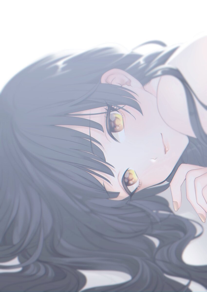 1girl black_hair blurry brown_eyes close-up depth_of_field hagyouayumu highres idolmaster idolmaster_shiny_colors light_smile lips long_hair looking_at_viewer lying mayuzumi_fuyuko nail_polish solo white_background yellow_nails