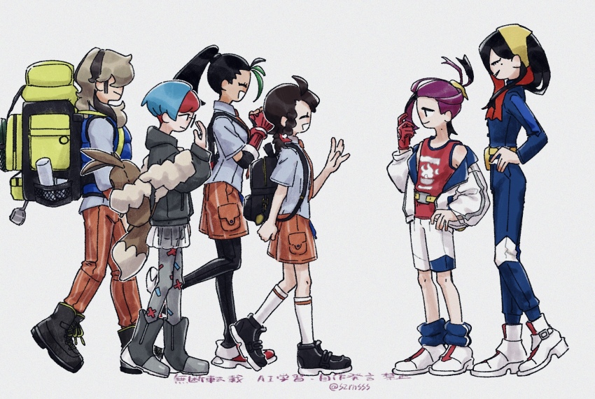 2boys 4girls arven_(pokemon) backpack bag black_footwear black_hair blue_hair blue_jacket blue_pants blue_socks boots braid carmine_(pokemon) closed_eyes commentary_request creatures_(company) from_side game_freak gloves green_hair grey_hair hair_between_eyes hairband highres hood hoodie jacket juliana_(pokemon) kieran_(pokemon) long_hair mole mole_on_neck mole_under_eye multicolored_hair multiple_boys multiple_girls naranja_academy_school_uniform nemona_(pokemon) nintendo open_mouth pants pantyhose penny_(pokemon) pokemon pokemon_sv ponytail profile red_gloves red_hair school_uniform shoes short_hair simple_background single_glove skirt socks white_footwear yellow_hairband zrrn_sss