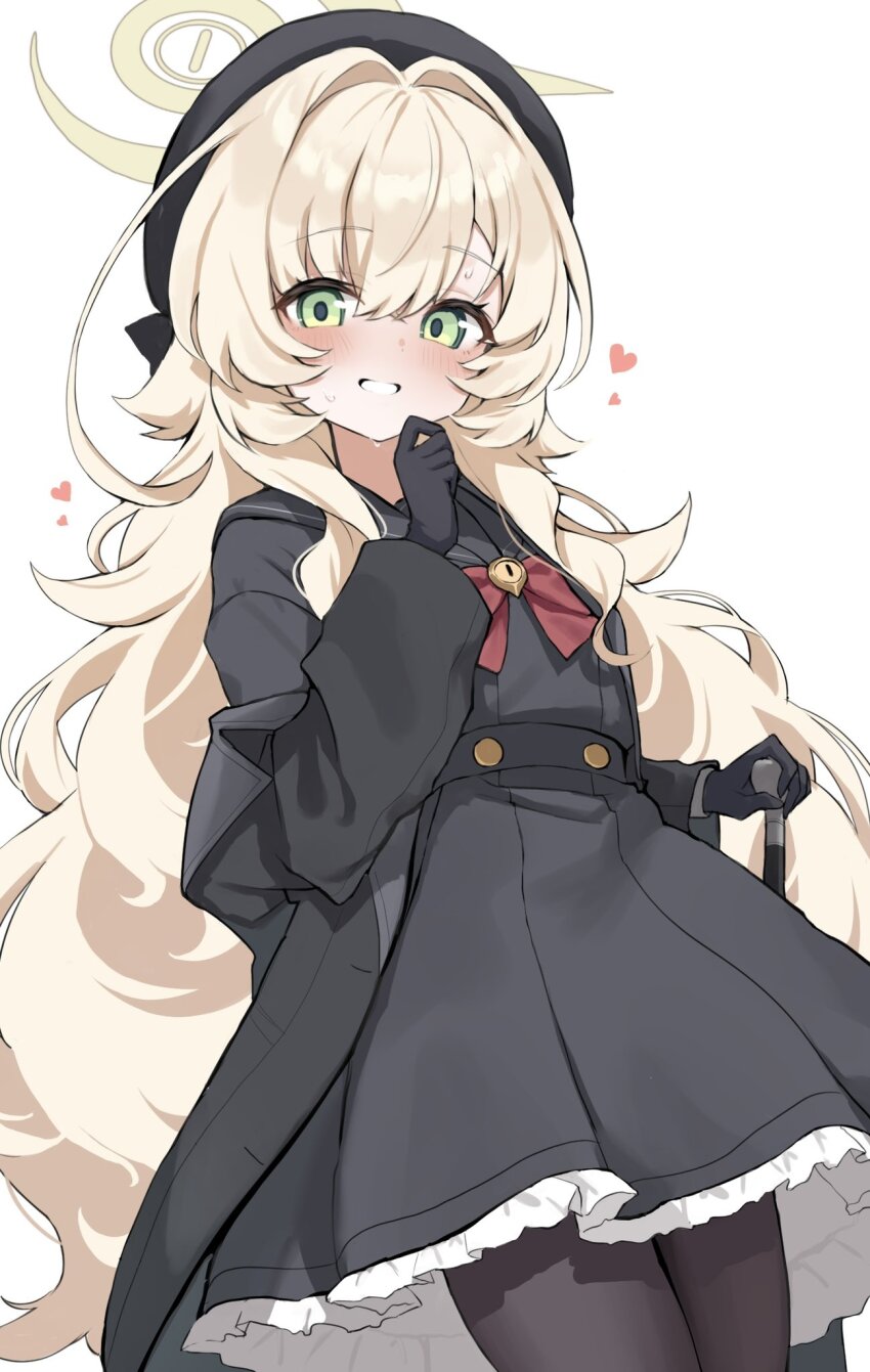 1girl black_beret black_gloves black_hat black_pantyhose black_sailor_collar blonde_hair blue_archive blush bow bowtie cane cowboy_shot dutch_angle fluffy_hair gloves green_eyes grin halo hat heart highres holding holding_cane long_hair long_sleeves looking_at_viewer onakkasuita pantyhose professor_niyaniya_(blue_archive) red_bow red_bowtie sailor_collar side_ahoge simple_background smile solo white_background yellow_halo
