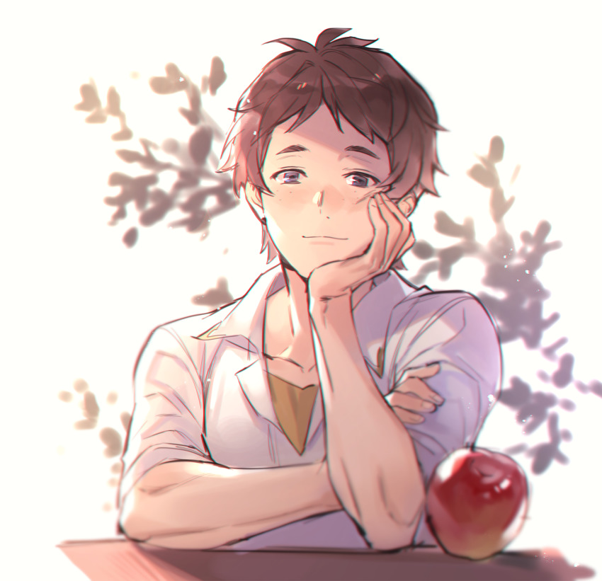 1boy aaron_(granblue_fantasy) apple brown_hair closed_mouth collared_shirt elbow_rest food freckles fruit granblue_fantasy hand_on_own_cheek hand_on_own_chin hand_on_own_face head_rest highres looking_at_viewer male_focus mansu apple shirt short_hair simple_background smile solo white_shirt