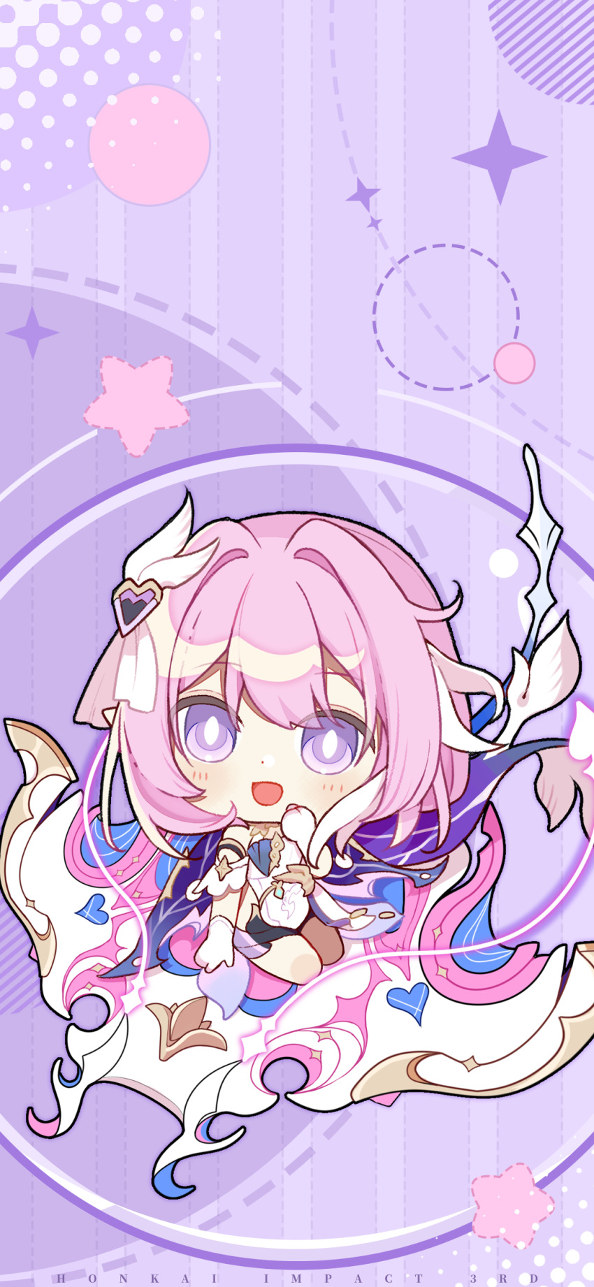 1girl chibi dress elf elysia_(herrscher_of_human:_ego)_(honkai_impact) elysia_(honkai_impact) gloves hair_ornament highres honkai_(series) honkai_impact_3rd manta_ray official_art official_wallpaper pink_hair pointy_ears purple_background purple_eyes short_hair sitting_on_animal smile white_dress white_gloves