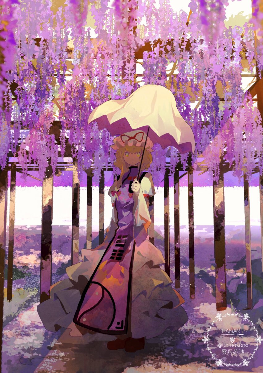 1girl absurdres blonde_hair bow closed_mouth dress flower frilled_hat frills hair_bow hair_ribbon hand_up hat highres holding holding_umbrella layered_dress long_dress long_sleeves mob_cap parasol plant_request purple_tabard red_bow red_ribbon ribbon sidelocks smile solo tabard touhou trellis twitter_username umbrella uninosono watermark white_dress white_hat wide_sleeves wisteria yakumo_yukari yellow_eyes