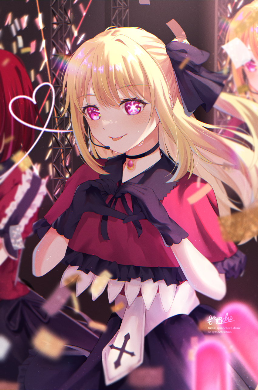 2girls :p absurdres arima_kana black_bow black_choker black_gloves black_skirt blonde_hair bob_cut bow capelet choker commentary cowboy_shot frilled_capelet frills gloves glowstick hair_bow heart heart_hands heart_of_string highres hoshino_ruby idol_clothes instagram_username long_hair looking_at_viewer mochi_tsu22 multiple_girls one_side_up oshi_no_ko penlight_(glowstick) pink_eyes red_capelet red_hair screen_zoom short_hair sidelocks signature skirt solo_focus stage star_(symbol) star_in_eye sweat symbol_in_eye tongue tongue_out twitter_username very_long_hair