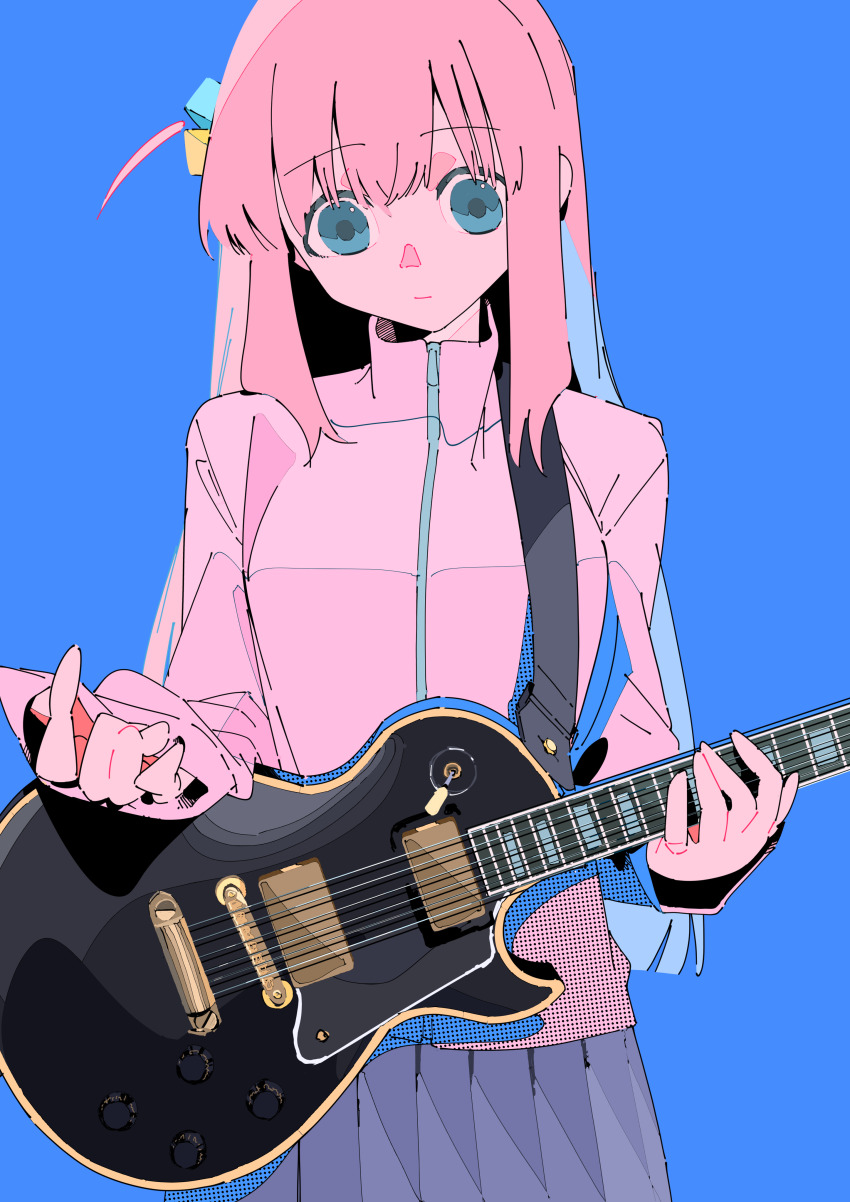 1girl absurdres blue_background blue_eyes bocchi_the_rock! closed_mouth cube_hair_ornament electric_guitar gibson_les_paul gotoh_hitori grey_skirt guitar hair_between_eyes hair_ornament halftone highres instrument jacket long_hair long_sleeves looking_at_object matumot one_side_up pink_hair pink_jacket pleated_skirt simple_background skirt solo track_jacket