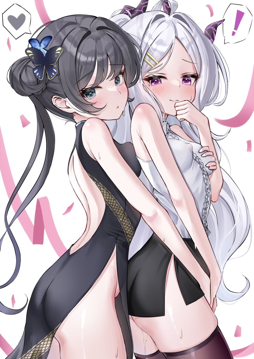 ! 2girls ahoge ass back black_hair black_thighhighs blue_archive blue_eyes blush breasts butterfly_hair_ornament china_dress chinese_clothes commentary_request demon_girl demon_horns demon_wings dress hair_bun hair_ornament heart highres hina_(blue_archive) horns kisaki_(blue_archive) long_hair looking_at_viewer multiple_girls nipples purple_eyes pussy_juice small_breasts thighhighs thighs wfa5051 white_hair wings yuri