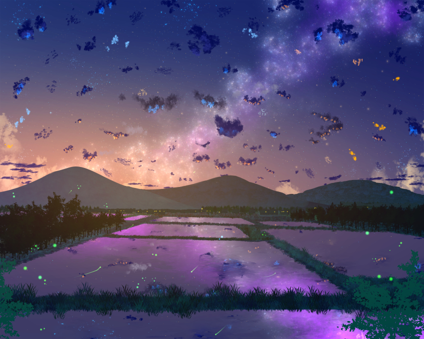 commentary english_commentary evening fantasy fireflies gradient_sky highres landscape leaf milky_way mountain mountainous_horizon no_humans original outdoors reflection reflective_water rice_paddy rural scenery sinsyou_sketcher sky star_(sky) starry_sky summer sunset tree