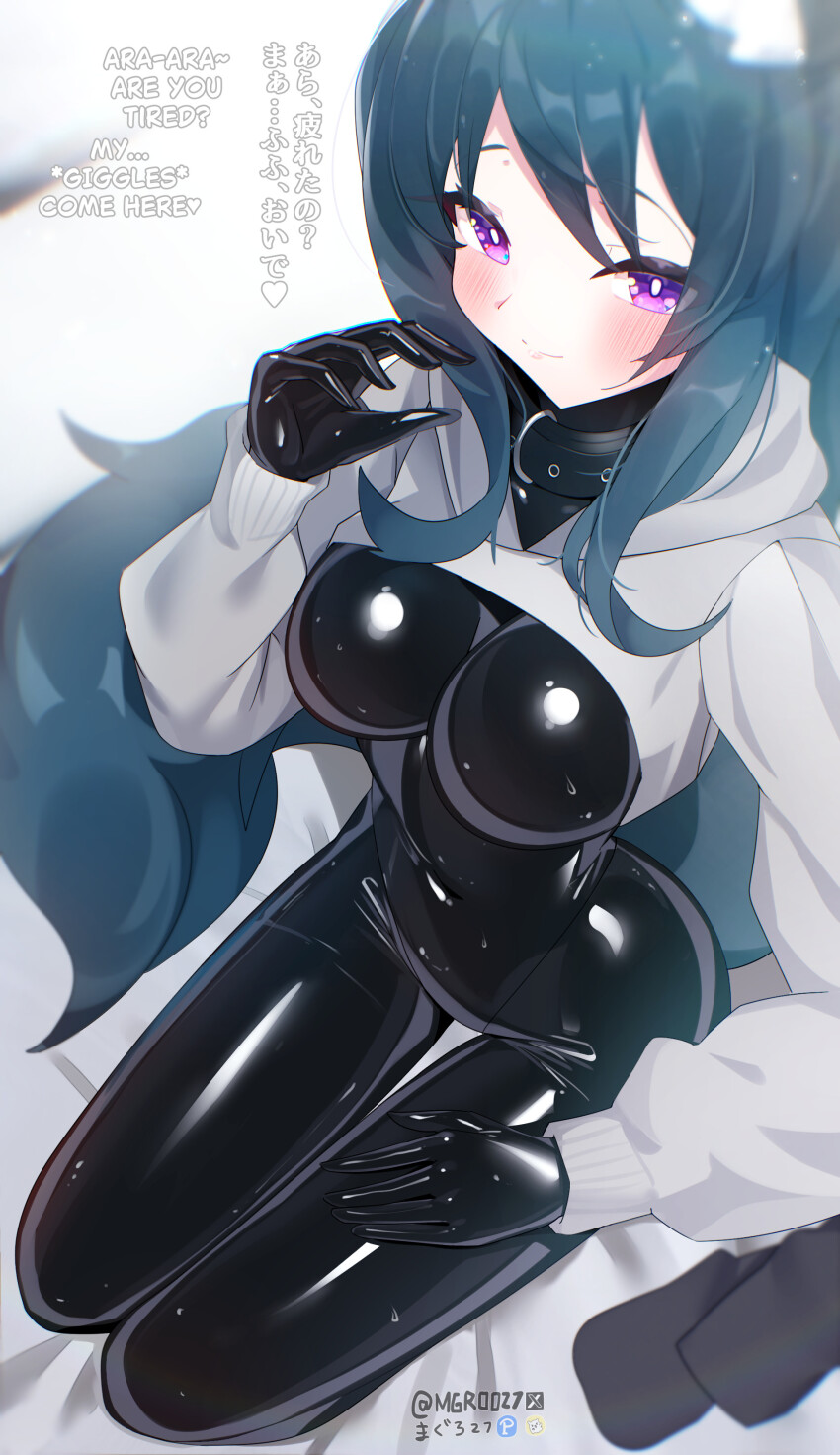 1girl absurdres blue_hair bodysuit breasts highres hood hooded_sweater latex latex_bodysuit long_hair looking_at_viewer maguro27 medium_breasts navel original purple_eyes seiza sitting skin_tight sweater thigh_gap very_long_hair