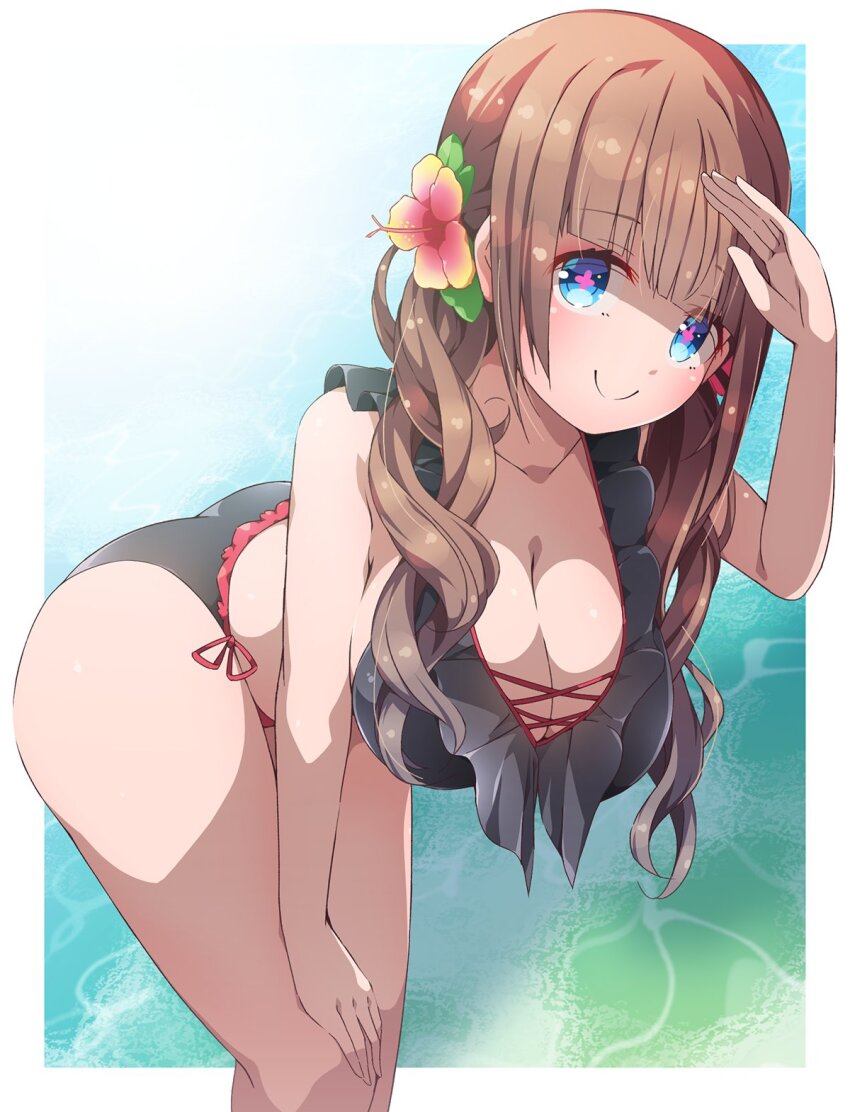 .live 1girl alternate_costume bent_over blue_eyes blunt_bangs blush breasts brown_hair cleavage closed_mouth collarbone commentary_request drias flower hair_flower hair_ornament highres kakyouin_chieri large_breasts looking_at_viewer ocean salute smile swimsuit virtual_youtuber