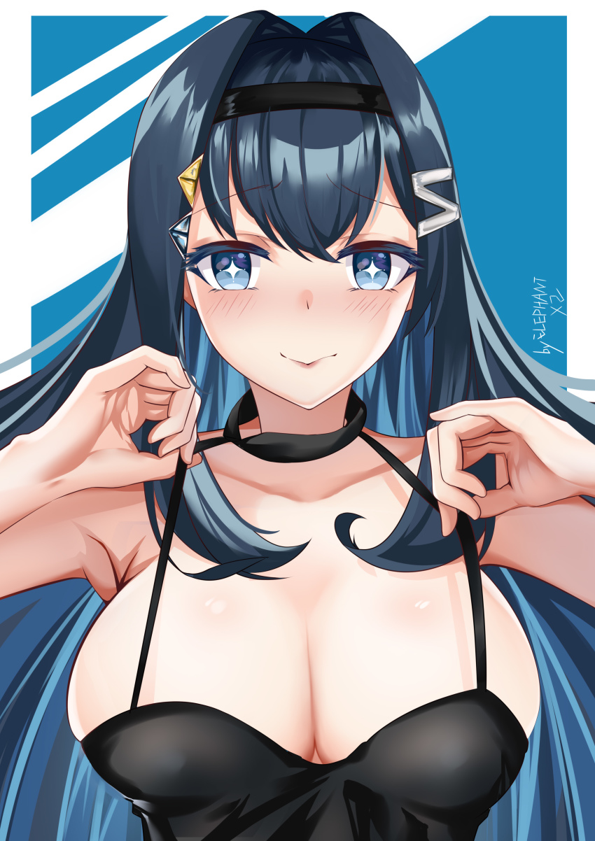 +_+ 1girl absurdres ailifente_elephant artist_name black_dress black_hairband blue_hair breasts chinese_commentary cleavage dress embarrassed hairband halterneck highres hololive hololive_china large_breasts long_hair looking_at_viewer rosalyn_(hololive) solo strap_pull upper_body virtual_youtuber