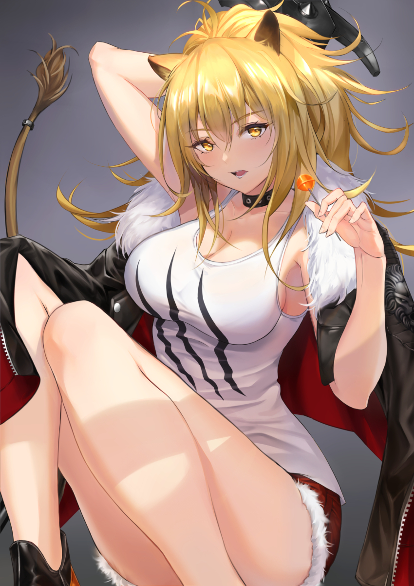 1girl animal_ears arknights arm_up bare_legs black_choker black_footwear black_jacket blonde_hair blush breasts candy choker cleavage commentary feet_out_of_frame food fur-trimmed_jacket fur-trimmed_shorts fur_trim grey_background hair_between_eyes hand_up highres holding holding_food jacket jacket_on_shoulders knees_up ko-ma large_breasts lion_ears lion_tail lollipop long_hair looking_at_viewer open_clothes open_jacket open_mouth red_shorts shoes short_shorts shorts siege_(arknights) sitting solo tail tank_top thighs white_tank_top yellow_eyes