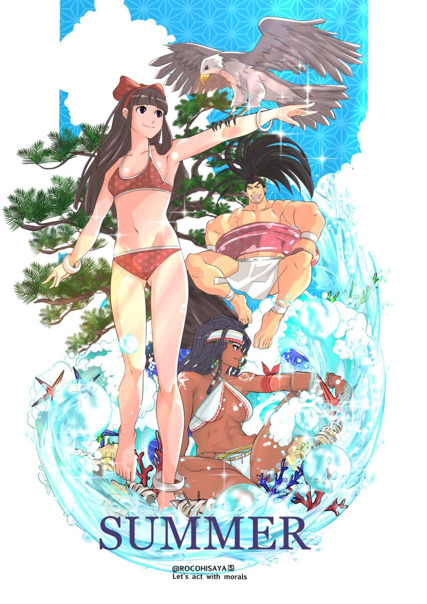 1boy 2girls arm_up armpits artist_name barefoot bikini black_hair breasts brown_hair cleavage dark-skinned_female dark_skin darli_dagger feet fingerless_gloves gloves hair_ribbon haoumaru highres japanese_clothes jumping large_breasts long_hair looking_to_the_side mamahaha multiple_girls muscular muscular_male nakoruru navel outstretched_arm parted parted_lips ponytail purple_hair red_bikini ribbon rocohisaya samurai_spirits sideboob sitting smile snk spread_legs swimsuit sword the_king_of_fighters the_king_of_fighters_xv toned underboob water weapon